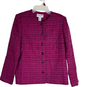 Alfred Dunner Petite Womens Jacket Blazer Pink Black Plaid Tweed Sparkle Size 8P